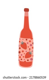 Bottle of Strawberry Wine or Limonade Isolated on White Background. Flat Vector Cartoon Illustration, Clipart.