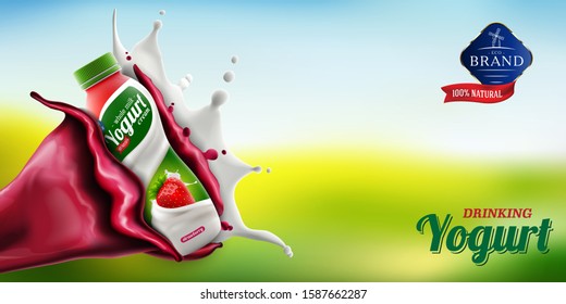 Bottle of strawberry yogurt on bright background with cream and juice splash. Branding ready packaging. Illustration for beverage product ads desing.