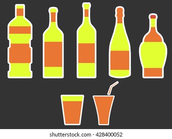 Bottle with stroke, glass with drinking straw. Vector illustration.