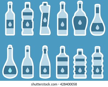 Bottle with stroke, glass with drinking straw. Vector illustration.