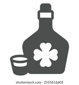 Bottle with strong drink and shot glass solid icon, saint Patrick day concept. Vector graphics. Whisky bottle drink with clover sign on white background, outline style icon for mobile or web