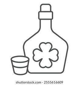 Bottle with strong drink and shot glass isometric icon, saint Patrick day concept. Vector graphics. Whisky bottle drink with clover sign on white background, outline style icon for mobile or web