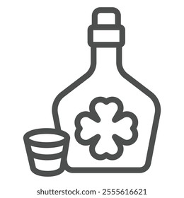 Bottle with strong drink and shot glass line icon, saint Patrick day concept. Vector graphics. Whisky bottle drink with clover sign on white background, outline style icon for mobile or web