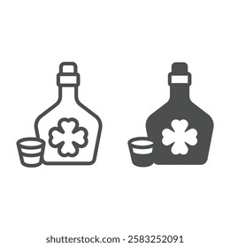 Bottle with strong drink and shot glass line and solid icon, saint Patrick day concept. Vector graphics. Whisky bottle drink with clover sign on white background, outline style icon for mobile or web