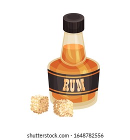 Bottle of Sugar Cane Rum with Cubes of Refined Sugar Rested Nearby Vector Illustration