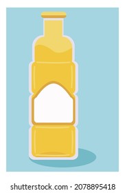 Bottle of sunflower oil. Blue background. Collage for web design. Cartoon flat illustration. Close-up. Food. Cooking. Vector.	