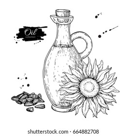 Bottle of sunflower oil with flower and heap of seed. Vector Hand drawn illustration. Glass pitcher vintage drawing isolated on white background. Great for menu, banner, label, logo, flyer