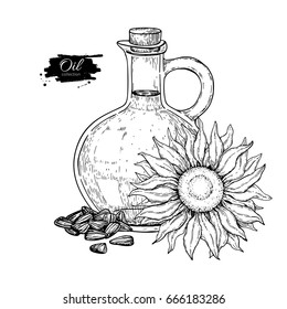 Bottle of sunflower oil with flower and heap of seed. Vector Hand drawn illustration. Glass pitcher vintage engraving isolated on white background. Great for menu, banner, label, logo, flyer