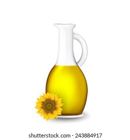 Bottle of sunflower oil with flower isolated on white
