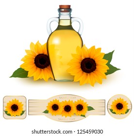 Bottle of sunflower oil with flower and  labels sunflower oil. Vector illustration.