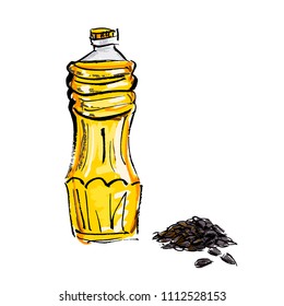 A bottle of sunflower oil with a handful of sunflower seeds.