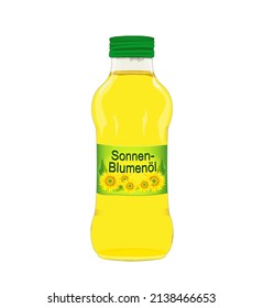 A bottle of sunflower oil with label -Sonnenblumenöl- in german, translate -sunflower oil-,
Vector illustration isolated on white background

