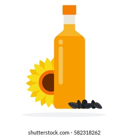 Bottle of sunflower oil with sunflowers and sunflower seeds vector flat material design isolated on white