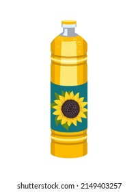 Bottle of sunflower vegetable oil. Plastic transparent packaging with yellow cooking liquid. Source of vitamins, dressing for salads and pastries. Vector flat illustration