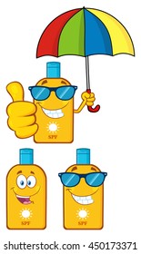 Bottle Sunscreen Cartoon Mascot Character With Sunglasses And Umbrella. Set Vector Collection Isolated On White