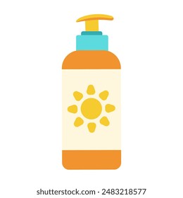 A bottle of sunscreen with a sun on the label. The bottle is orange and has a blue cap
