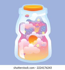 A Bottle of Sunset Yogurt with Magic Spell in it, Aesthetics Art, Pastel Items, Dairy Products in Fantasy World, Mystical Drinks, Dreamy Objects, Potion Liquid, An Illustration for Tarot Card