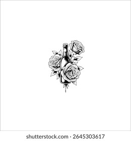 A bottle surrounded by roses isolated on a white background. The design has a vintage tattoo style, with elegant floral arrangements and details.