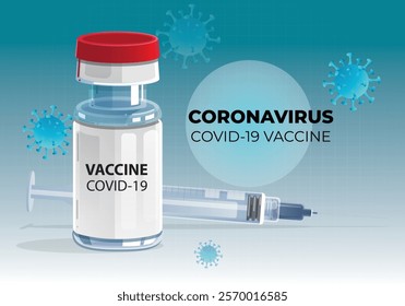 Bottle and syringe with blue Covid 19 vaccine injection Syringe and vaccine bottles. Vector illustration with blue virus background 