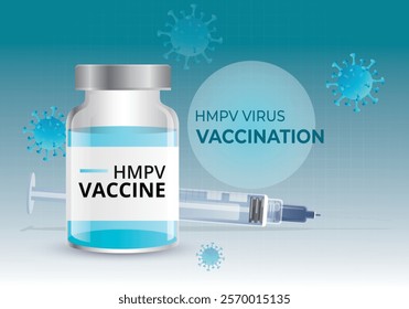 Bottle and syringe with blue HMPV vaccine injection Syringe for injection and vaccine bottles. Vector illustration with blue background