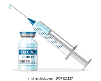 Bottle and syringe with blue vaccine injection from covid-19 virus isolated vector illustration.Time to vaccinate.Stop pandemic coronavirus.Healthcare.Antiviral medical concept for web design.
