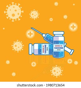 Bottle and syringe with blue vaccine injection from covid-19 virus isolated vector illustration. Time to vaccinate. Stop pandemic coronavirus. 