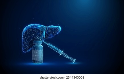 Bottle and syringe in front of blue futuristic human liver. Liver diseases, medical treatment and pharmacy concept. Low poly neon style. Geometric background. Wireframe technology neon. Vector.