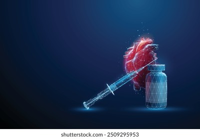 Bottle and syringe in front of red futuristic human heart. Heart diseases, medical treatment and pharmacy concept. Low poly hologram style. Geometric background. Wireframe technology neon. Vector.