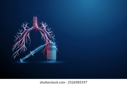 Botella y jeringa frente al futurista árbol bronquial humano rojo. Enfermedades pulmonares, tratamiento médico y concepto de farmacia Baja poli. Fondo geométrico. Estructura de la tecnología Wireframe. Vector.