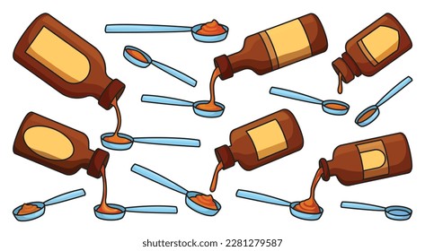 Botella de jarabe aislado de color vectorial icono conjunto. Ilustración vectorial aceite médico sobre fondo blanco. Botella de icono de conjunto de colores del jarabe.