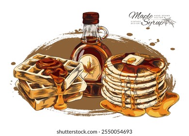 Botella de jarabe con etiqueta de hoja de arce, waffles y panqueques. Diseño vintage dibujado a mano. Panadería con composición de croquis de cobertura de jarabe de arce dulce. Ilustración de color de Vector en la mancha de acuarela