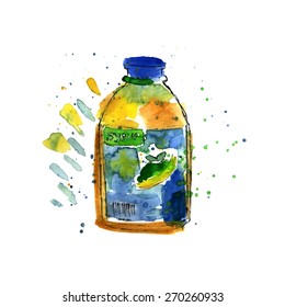 Bottle of syrup. Watercolor illustration in vector.