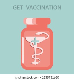 Frasco para comprimidos, la serpiente envuelve alrededor de la taza - vector. Protección contra la infección viral. Vacunación médica. Recibe tu vacuna contra la gripe