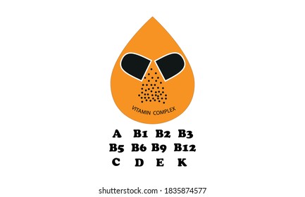 Bottle for tablets, vitamins. Names of vitamins. Vitamin complex. Health care. Medical vector illustration. Flat style.