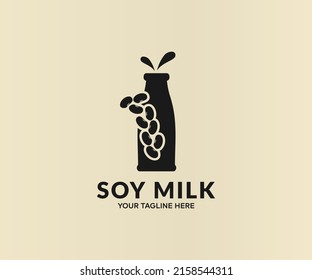 Bottle of tasty soy milk, splash with soy beans, benefits of Soy logo design.  Soy milk and grains  vector design and illustration.