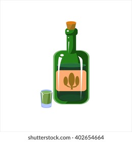 Bottle Of Teqila And Small Glass Isolated Flat Vector Cute Illustration On White Background