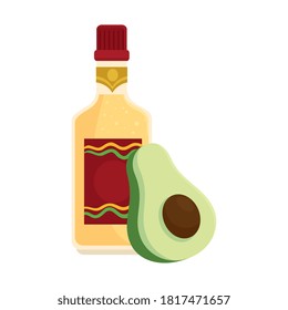 frasco de tequila con aguacate sobre el diseño de la ilustración del vector de fondo blanco