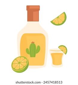 Bottle of tequila with cactus and lime. Vector illustration