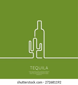 Bottle of tequila with cactus on a green background. 