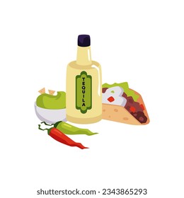 Bottle of tequila, Chile peppers, taco and nachos with guacamole flat style, vector illustration isolated on white background. Decorative design element for menu, traditional Mexican food