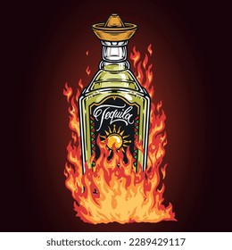 Bottle tequila detailed poster colorful with flame around alcoholic beverage for hot party in nightclub vector illustration