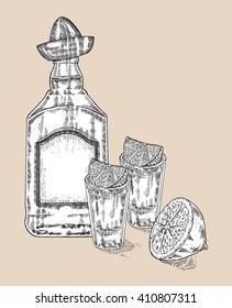 Bottle of tequila drink. Hand drawn two glasses of tequila. Engraving style. Vector illustration