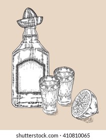 Bottle of tequila drink. Hand drawn two glasses of tequila. Engraving style. Vector illustration