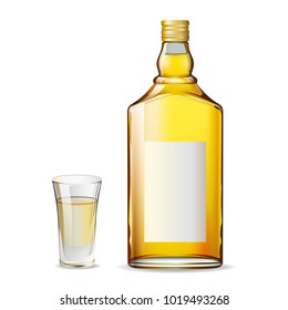 A bottle of tequila and a glass.