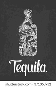 Bottle of tequila with glass, cactus, salt and lime. Engraving vintage vector white illustration. Isolated on black background. Hand drawn design element for label and poster