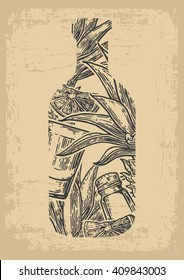 Bottle of tequila with glass, cactus, salt and lime. Color hand drawn sketch on vintage beige background. Vector engraved illustration