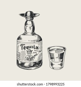 Bottle of tequila Glass shot and label for retro poster or banner. Engraved hand drawn vintage sketch. Woodcut style. Vector illustration.