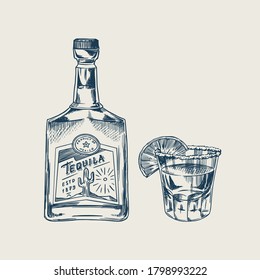 Bottle of tequila Glass shot with lime and label for retro poster or banner. Engraved hand drawn vintage sketch. Woodcut style. Vector illustration.