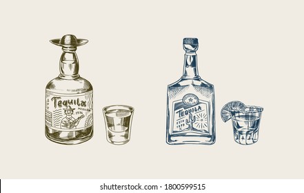 Bottle of tequila Glass shot with lime and label for retro poster or banner. Mexican drink. Engraved hand drawn vintage sketch. Woodcut style. Vector illustration.