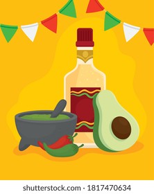 bottle tequila, with guacamole, avocado, chili pepper and garlands hanging